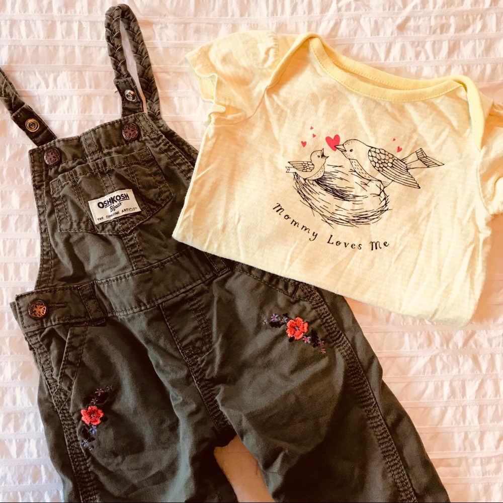 (2) GAP OshKosh Bibs Overalls Onesie Bird Mommy